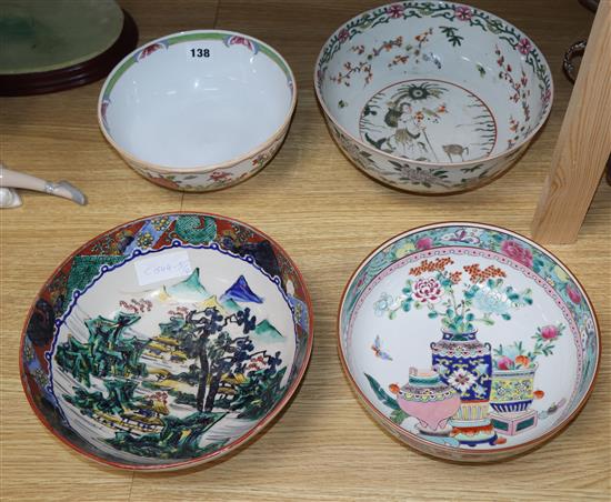 Three Japanese polychrome bowls and a Samson famille rose bowl largest diameter 24.5cm